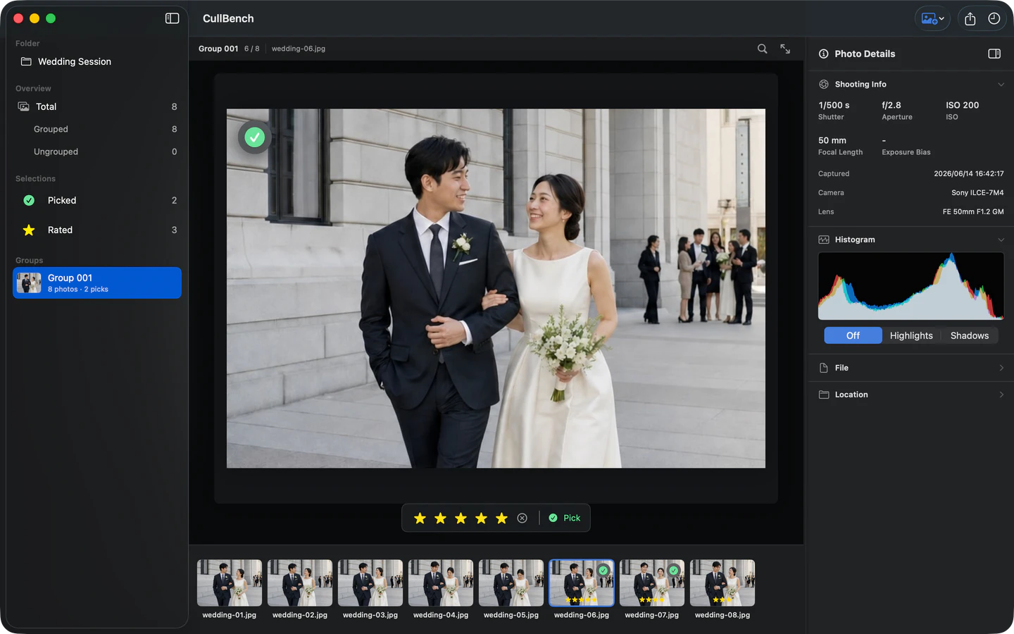 CullBench similar-group sidebar and same-group filmstrip
